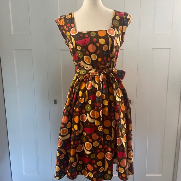 Lady V London Dresses & Skirts - Retro Fruit-Print Brown Fit & Flare Dress